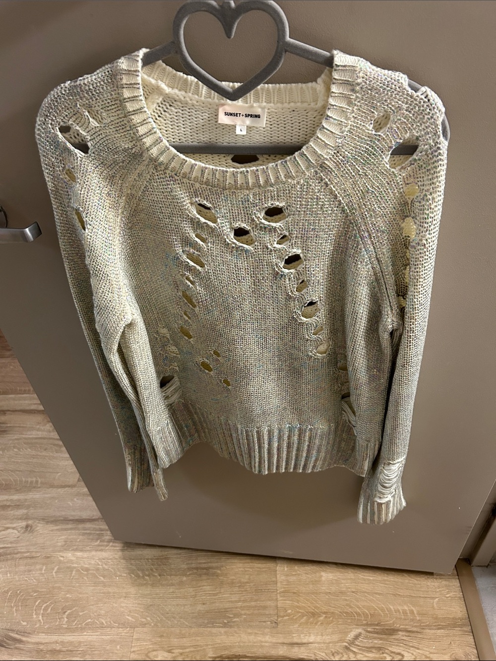 Bloomingdale’s Sunset + Spring Open-Stitch Crewneck Metallic Sweater in Cream